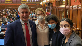 State Rep. Patrick Callahan, Liman Center Director Jenny Carroll, Ryanne Bamieh ’23, and Reed-Guevara ’23 at the Connecticut State House