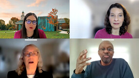 Four photos of people talking, arranged in a grid