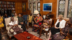 Kwame Frimpong ’74 LLM, ’77 JSD and family visit with Dean Heather K. Gerken at Yale Law School