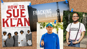 A corkboard background with two documentary posters, "How to Sue the Klan," and "Fracking the System;" staggered with photos of the documentarians.