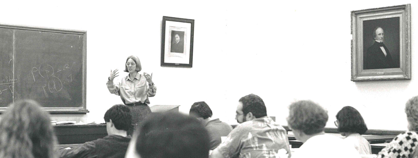 Professor Susan-Rose Ackerman teaching in a black and white photo
